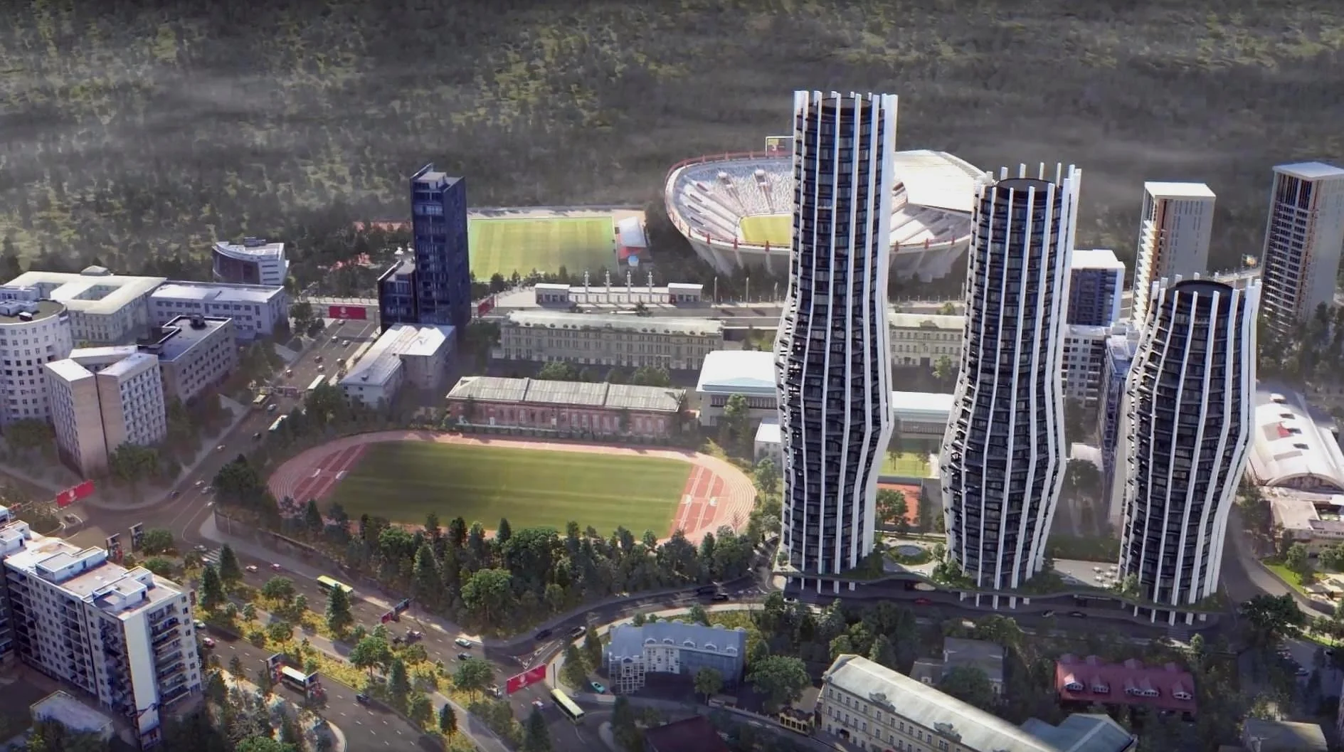 Complex master plan: three towers on a shared podium